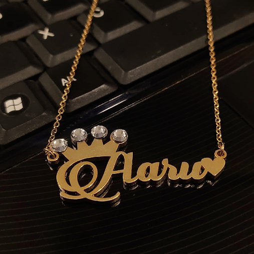 Stone Crown & Heart Name Pendent