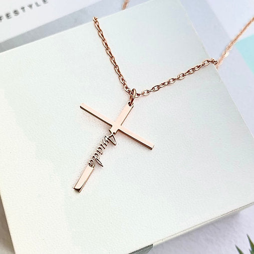 Cross Name Necklace, Personalized Cross - Sideway Name Necklace - Sideway Cross